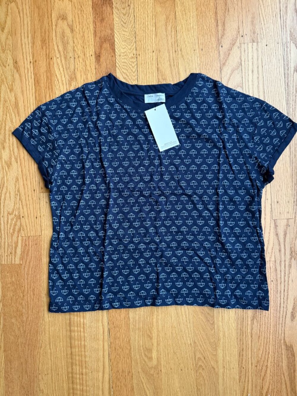 Zara Trafaluc Umbrella Print Cuffed Short Sleeve T-Shirt – Navy Blue (Size Small